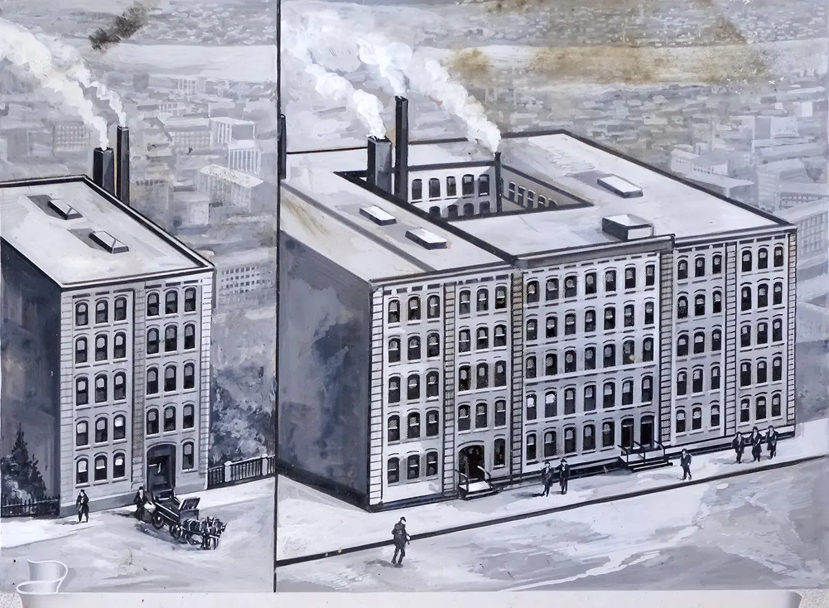 Linotype factory in Brooklyn, NY in 1888 (left) and 1892 (right)