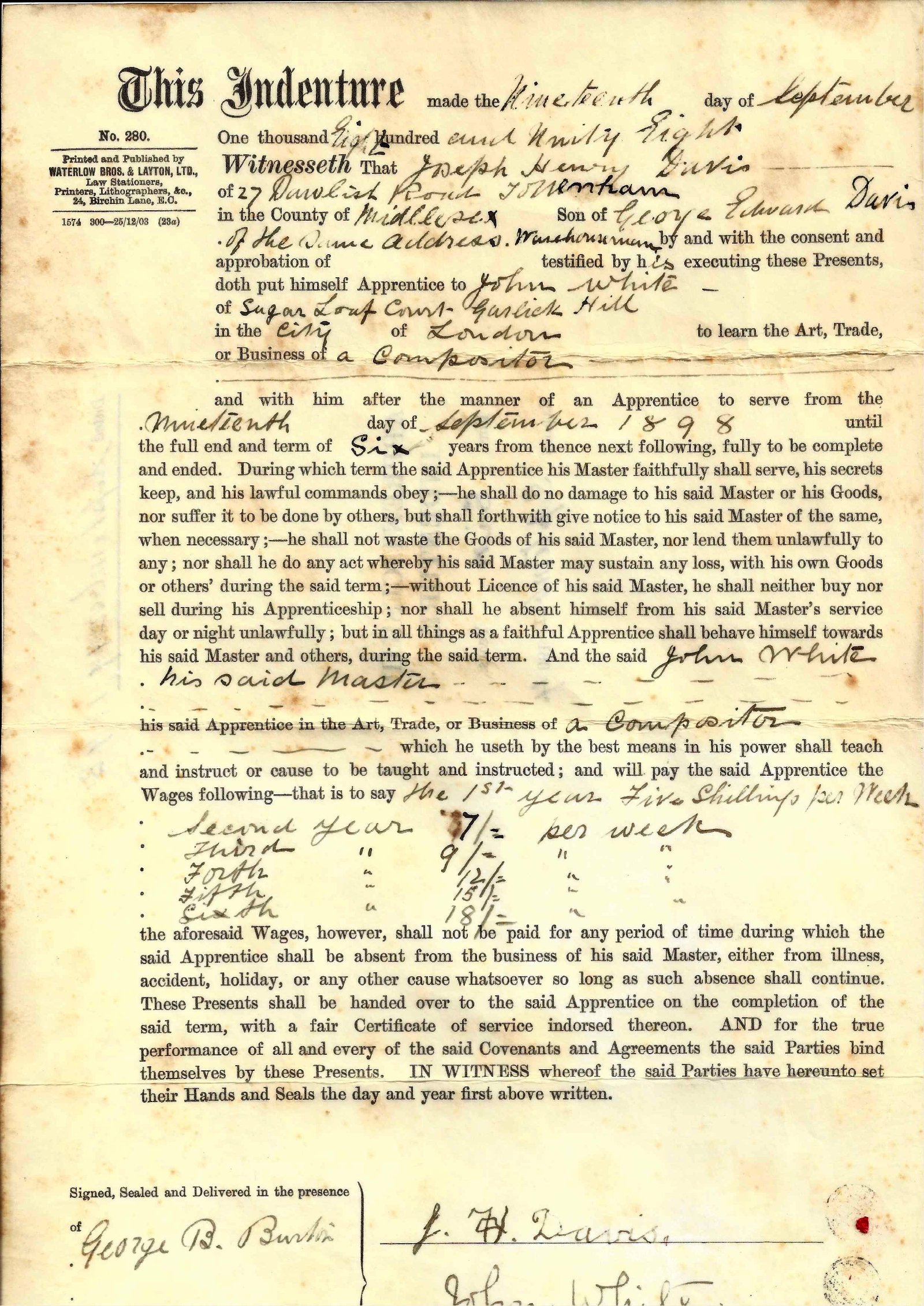 Indenture document from 1891