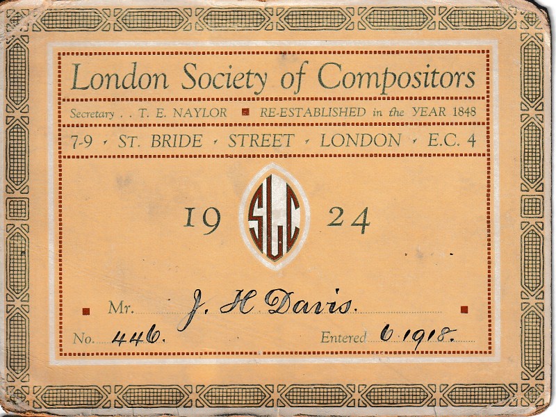 1924 British Print Trade Union Card