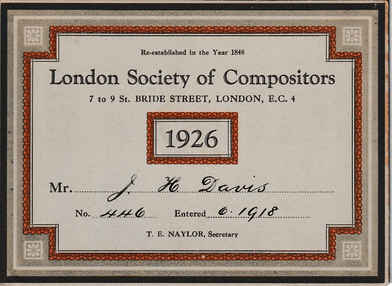 1926 British Print Trade Union Card