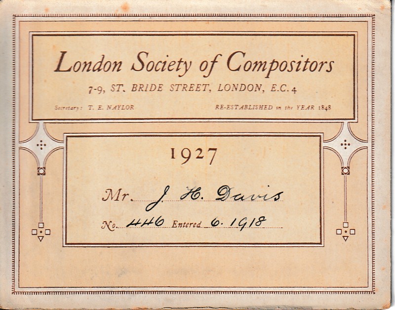 1927 British Print Trade Union Card