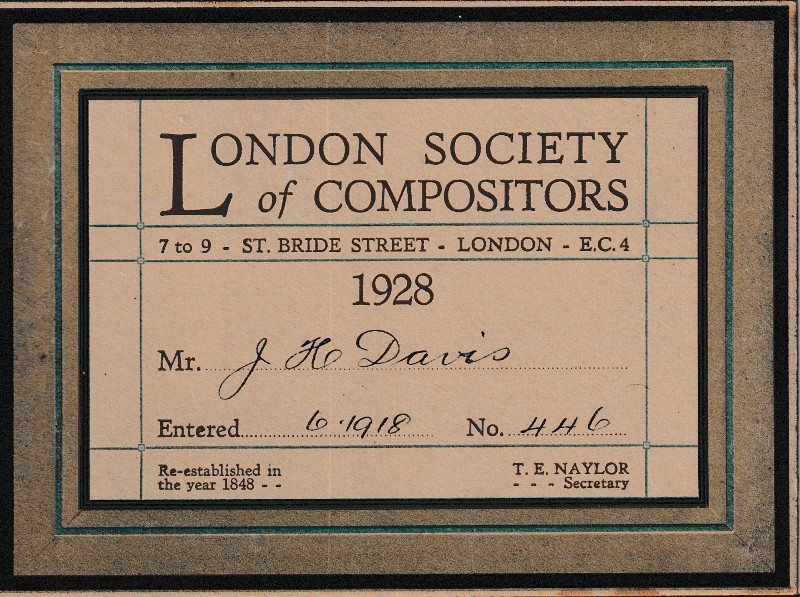 1928 British Print Trade Union Card