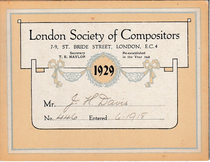 1929 British Print Trade Union Card