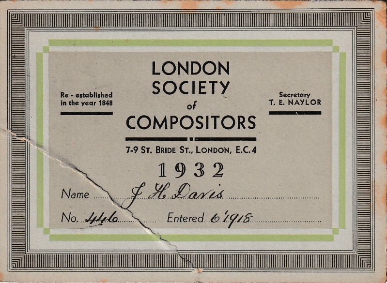 1932 British Print Trade Union Card