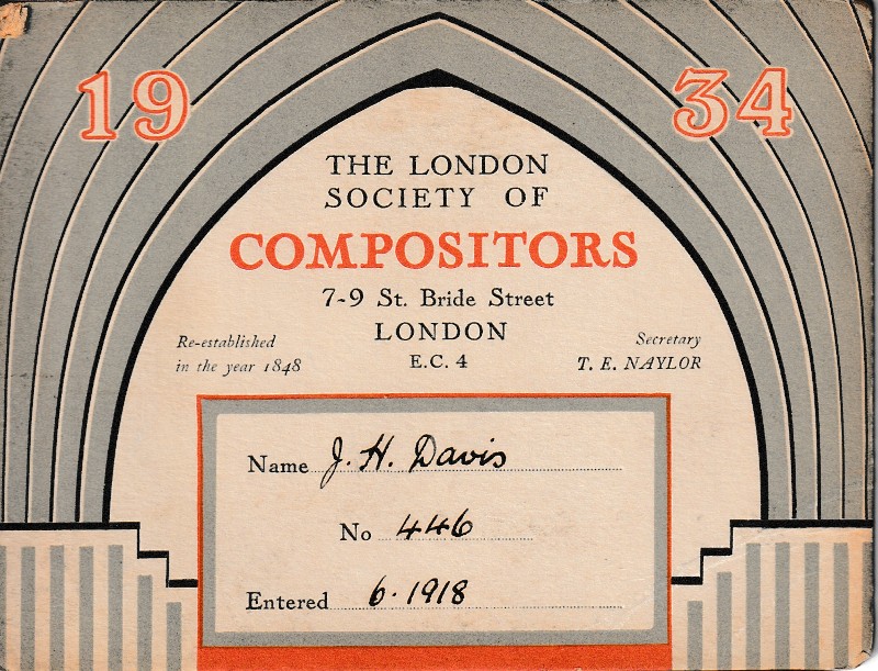 1934 British Print Trade Union Card