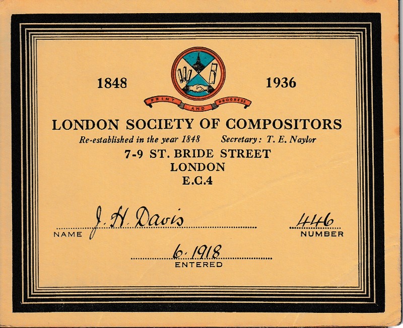 1936 British Print Trade Union Card