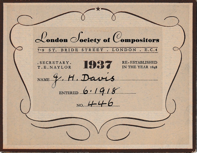 1937 British Print Trade Union Card