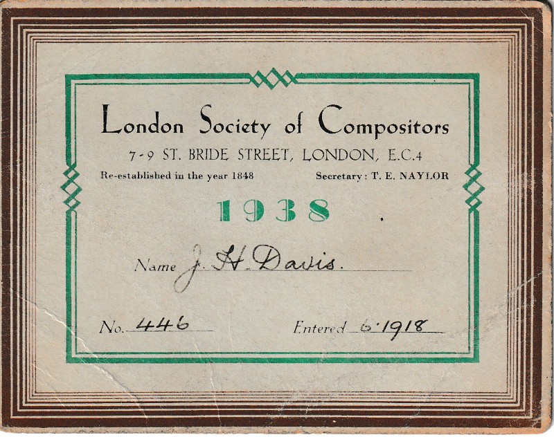 1938 British Print Trade Union Card