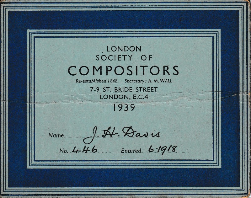 1939 British Print Trade Union Card