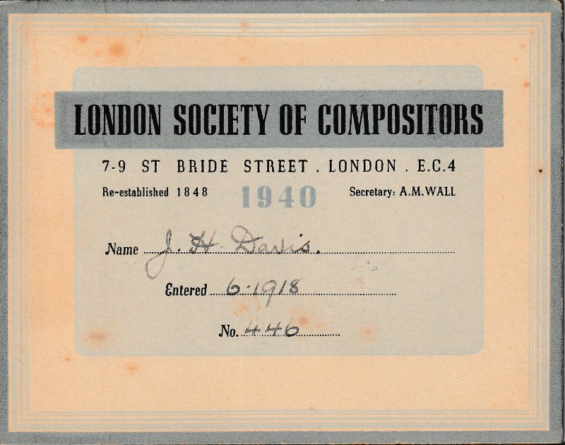 1940 British Print Trade Union Card