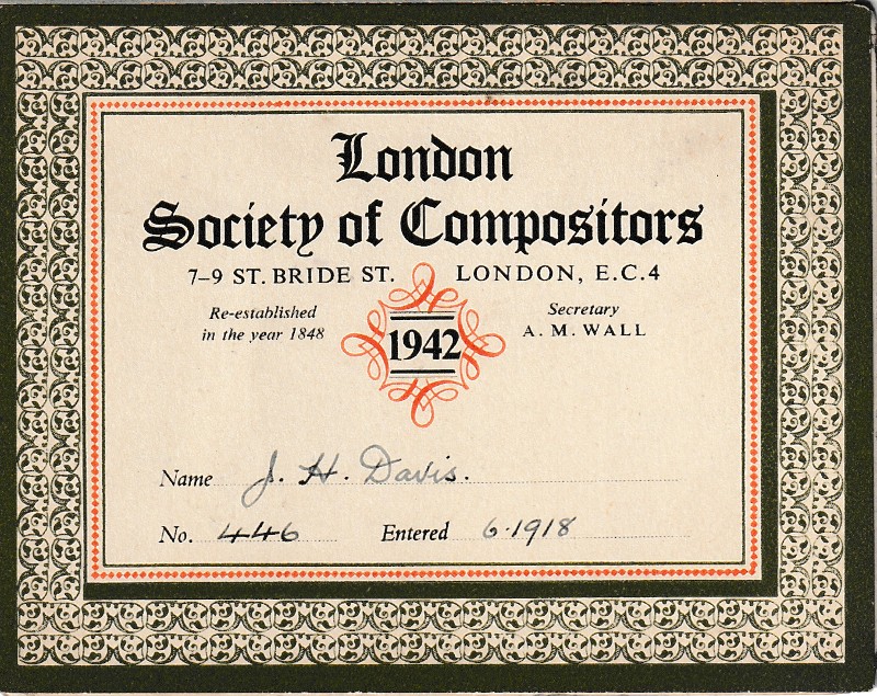 1942 British Print Trade Union Card