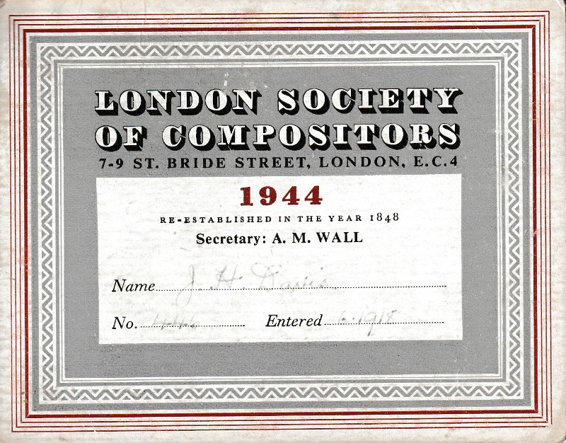 1944 British Print Trade Union Card