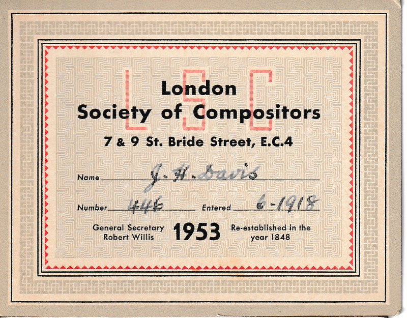 London Society of Compositors 1953 membership card