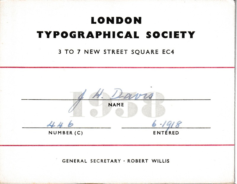 London Society of Compositors 1958 membership card