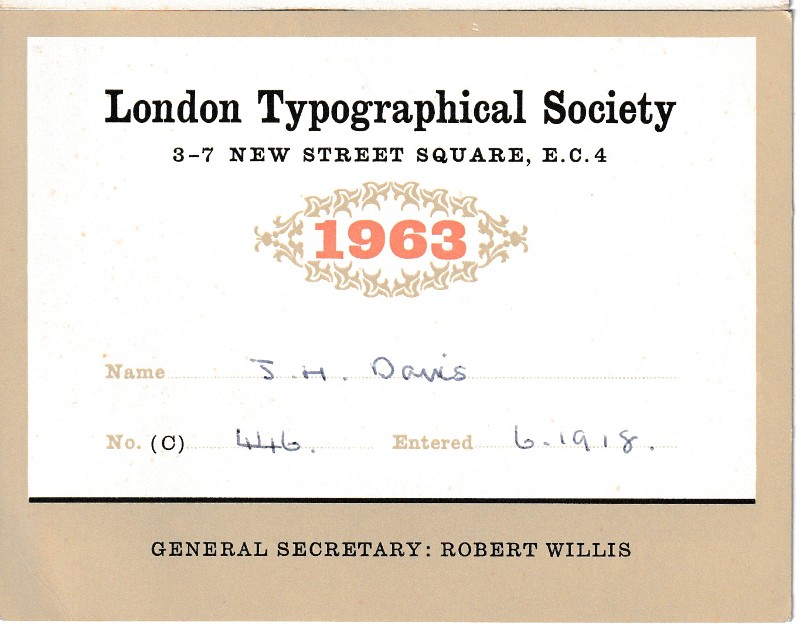London Society of Compositors 1963 membership card