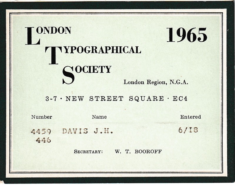 London Society of Compositors 1965 membership card