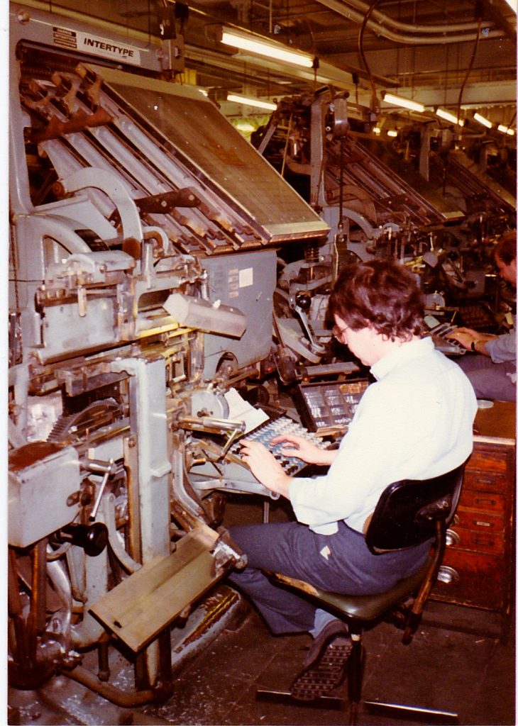 Brian Stafford typesetting on an Intertype in 1985 at Thomson Withy Grove, taken by Doc Holliday.
